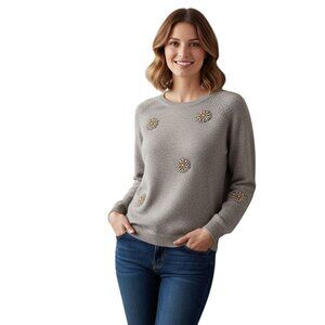 Garnet Hill 100% Lambswool Embellished Jeweled Crewneck Pullover Sweater Size S